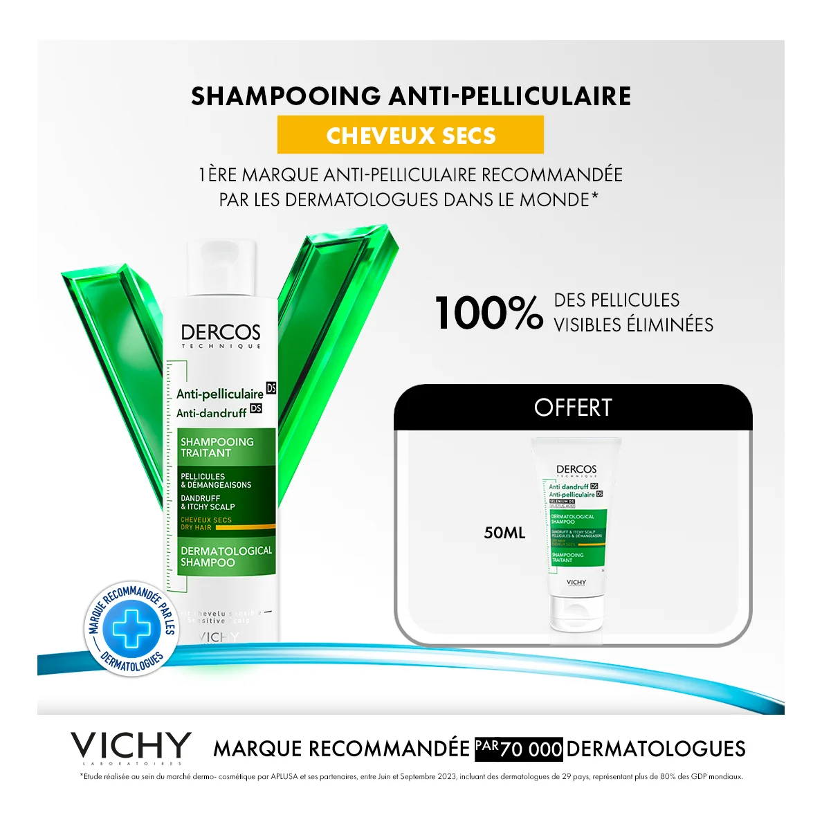 Vichy Dercos Shampooing Anti-Pelliculaire DS Cheveux Secs – 200 ml + shampooing miniature offert — packshot — disponible au Maroc