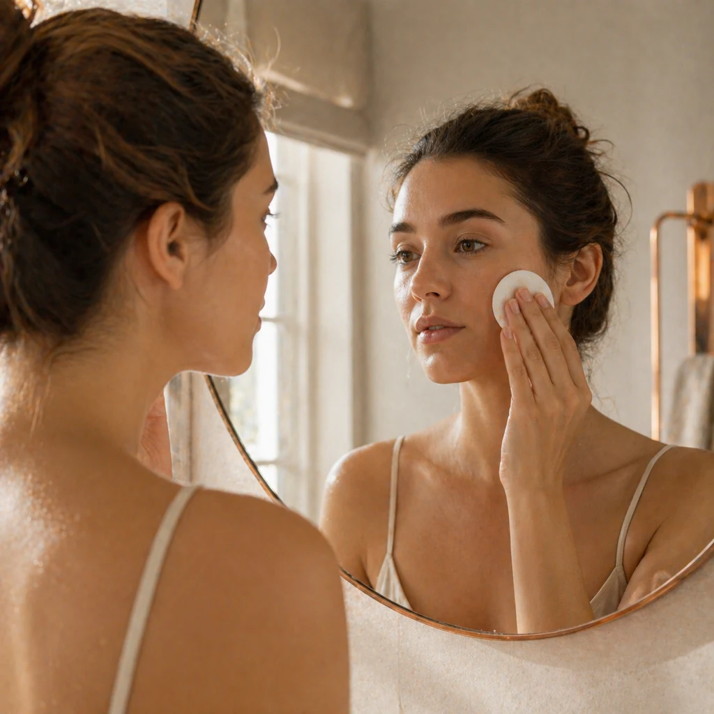 Femme devant miroir bathroom application coton démaquillant - démaquillant AjiPara Maroc