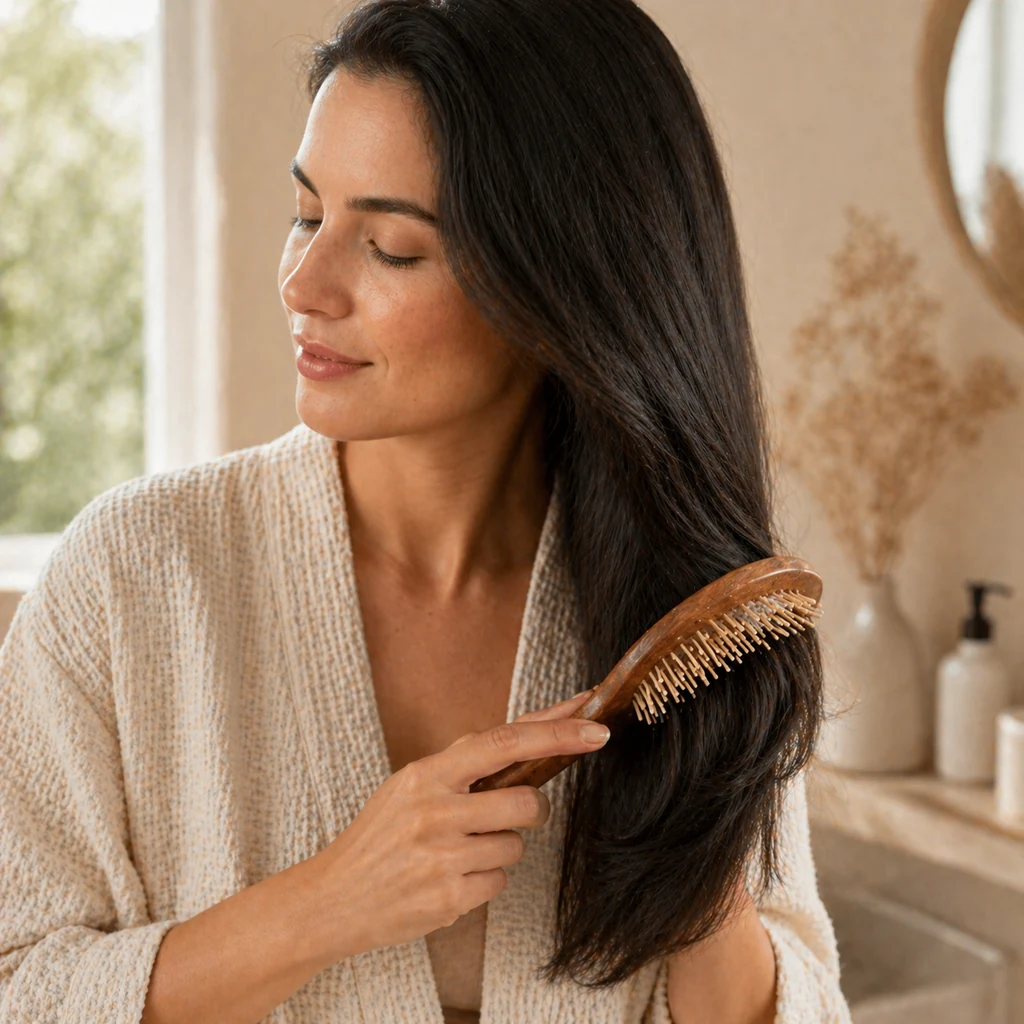 femme brossage soin capillaire - Soins Capillaires AjiPara Maroc